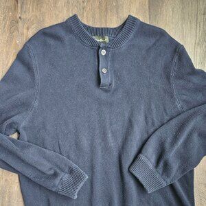 Vintage Eddie Bauer Mens Henley Sweater Large Navy Mid Weight 100% Cotton